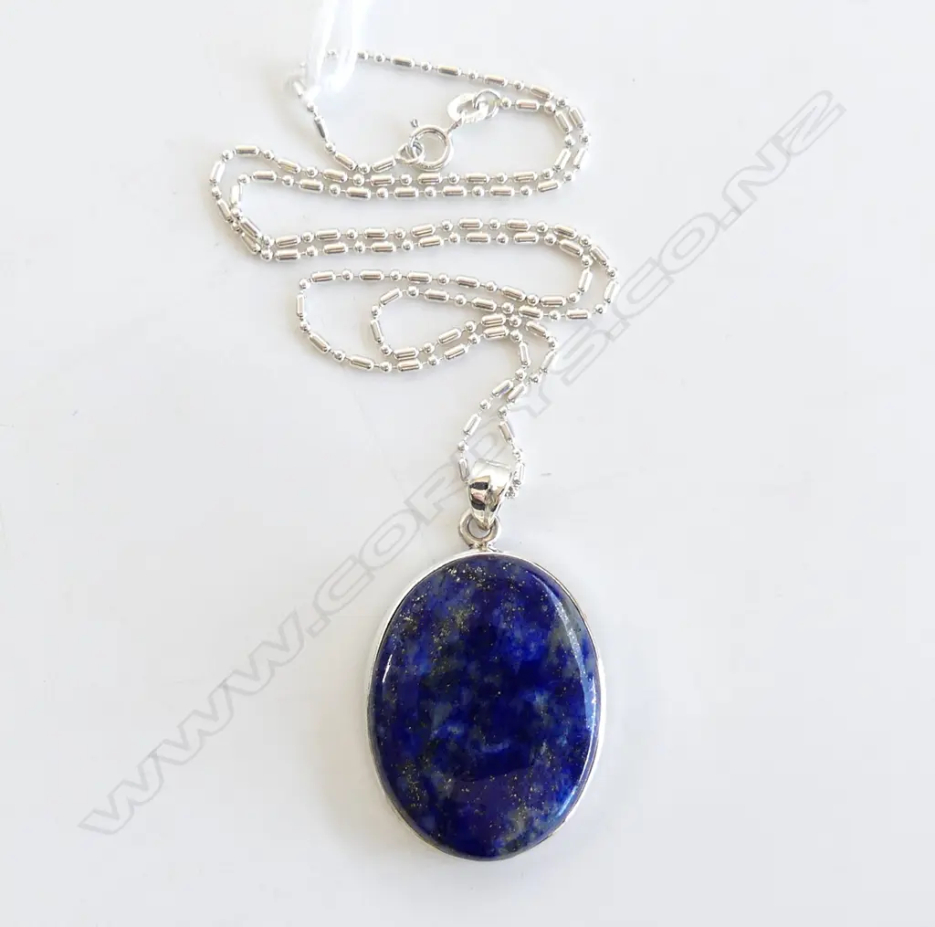 925 SILVER SET LG LAPIS LAZULI PENDANT & CHAIN Image 1++