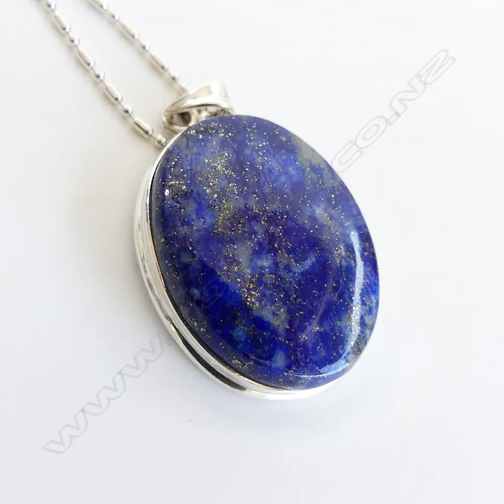 925 SILVER SET LG LAPIS LAZULI PENDANT & CHAIN Image 1++