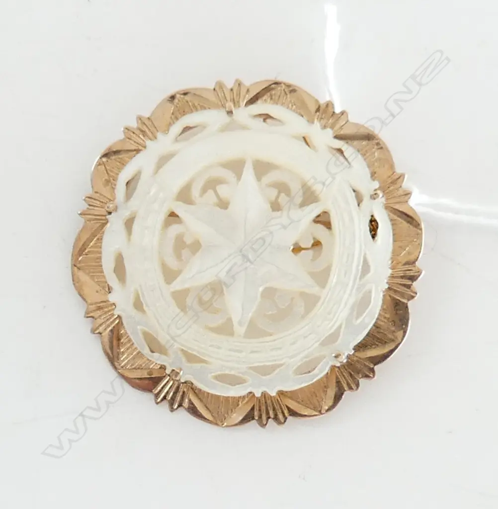 9ct GOLD ENGRAVED FRAMED MOP (mother-of-pearl) STAR CARVED BROOCH 9.66gms Image 1++