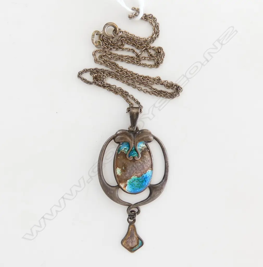 CHARLES HORNER ART NOUVEAU SILVER & ENAMEL PENDANT ON CHAIN w drop. Enamel faulted Chester 1907 Image 1++