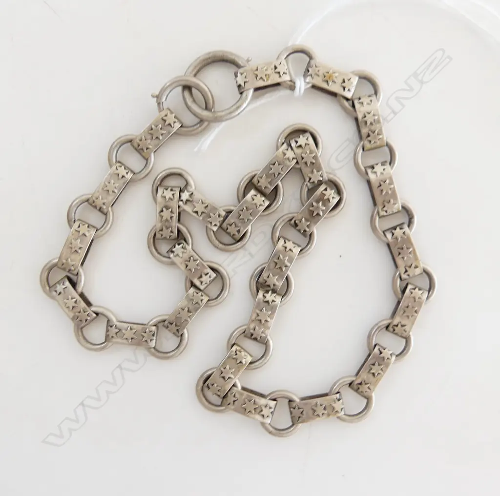 VICTORIAN SILVER NECK CHAIN mayoral type star decorated bar & circle links Image 1++