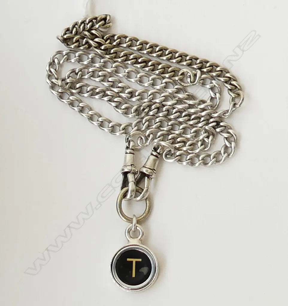 STG SILVER CHAIN w. 3d COIN / TYPEWRITER 'T' KEY PENDANT 30gm Image 1++