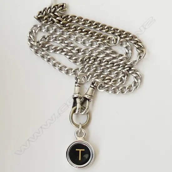 STG SILVER CHAIN w. 3d COIN / TYPEWRITER 'T' KEY PENDANT 30gm