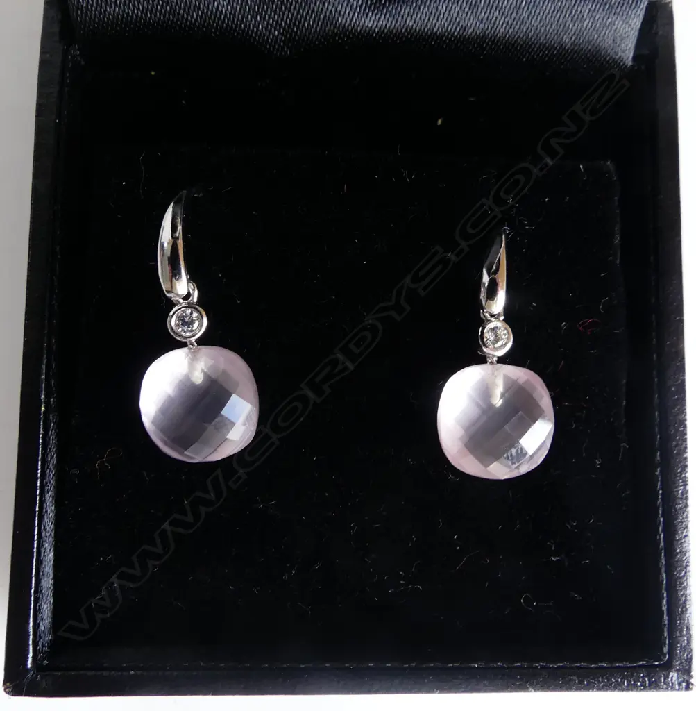 ROSE QUARTZ DROP EARRINGS SILVER/CZ STONES Image 1++