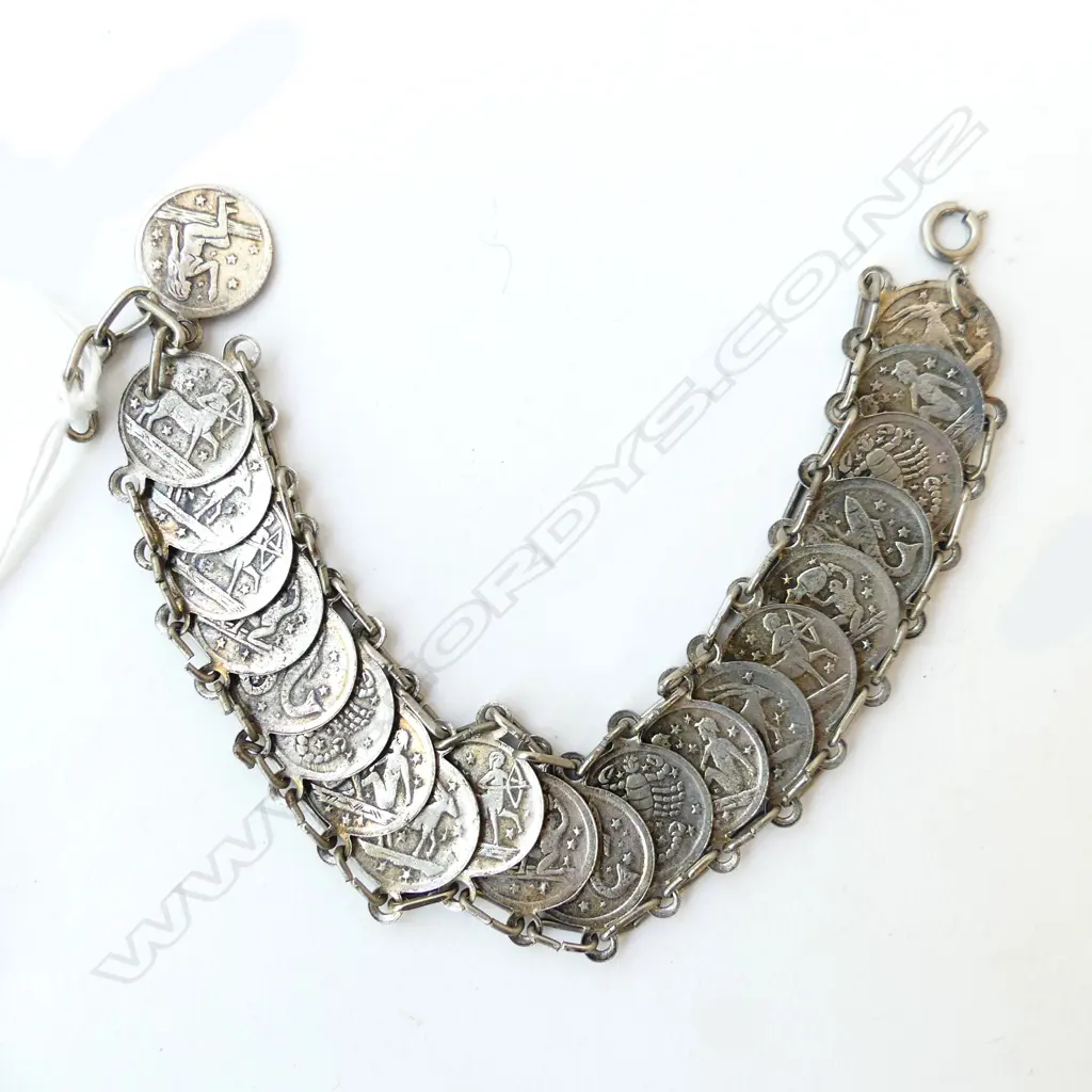 SILVER? ZODIAC COIN BRACELET L.200mm Image 1++
