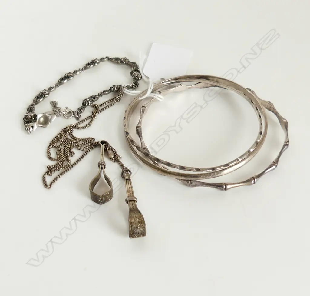 VINTAGE SILVER: MARCASITE BRACELET + SCARF CLIP CHAIN + 3 BANGLES 50gms Image 1++