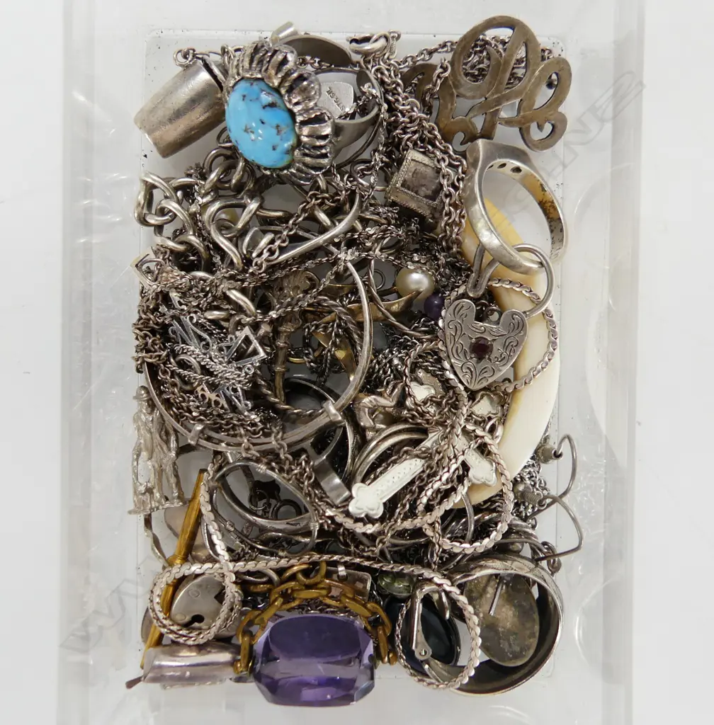 ASST. STG & SILVER TONE JEWELLERY; RINGS, CHARMS, CHAINS ETC Image 1++