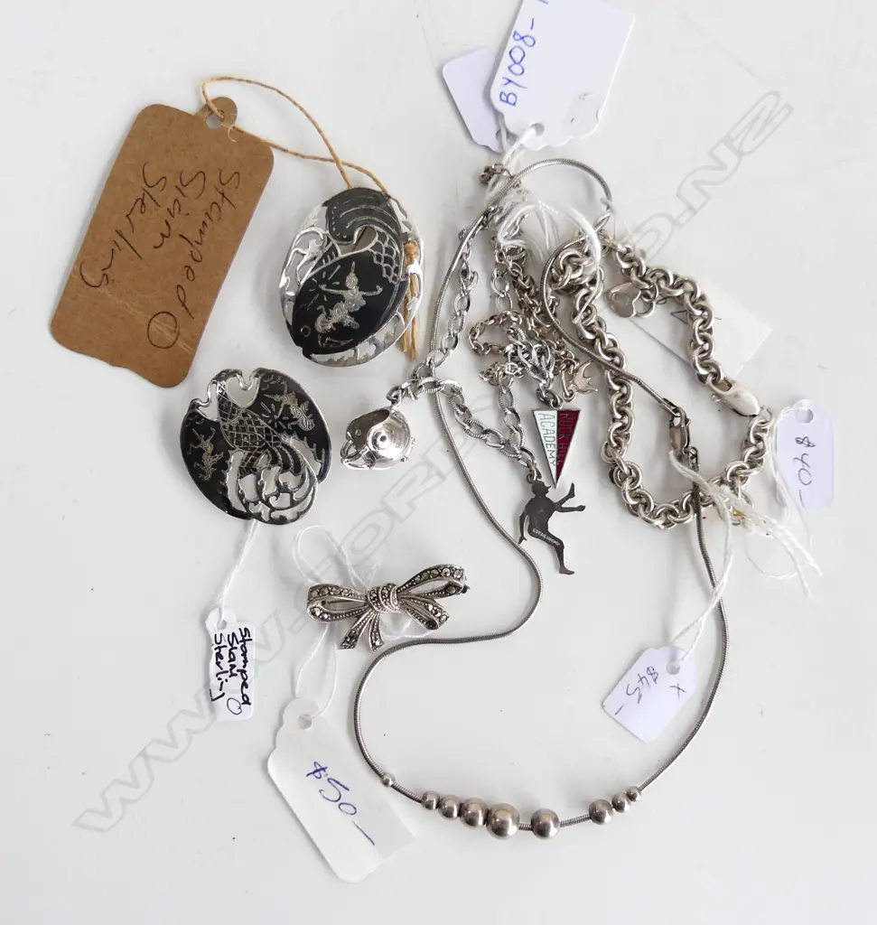 ASST STG SILVER JEWELLERY, BROOCHES, NECKLACE, BRACELETS ETC. Image 1++