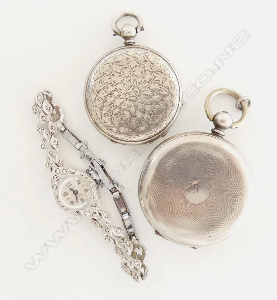 2 SILVER POCKET WATCHES + STG & MARCASITE WRIST WATCH (WORKING) Image 1++