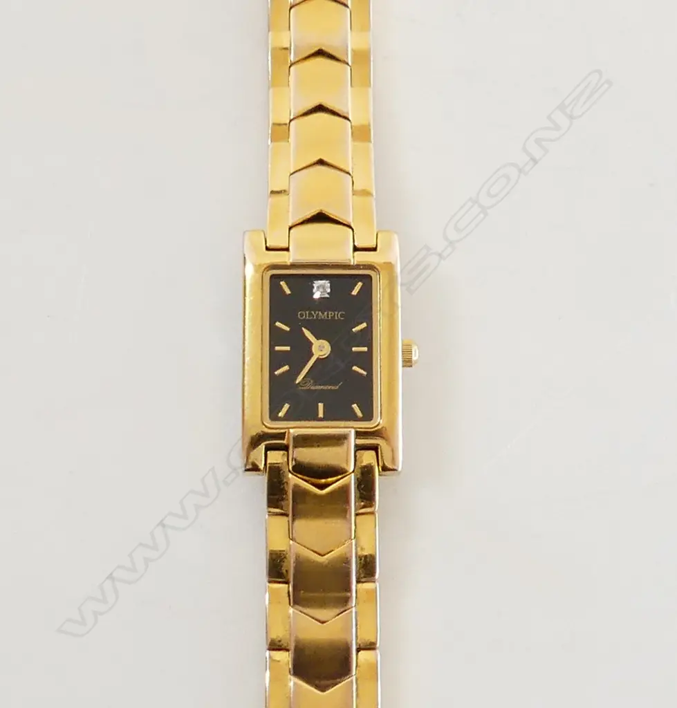 OLYMPIC 'DIAMOND' LADIES WRISTWATCH gold plate with diamond set to black dial Image 1++