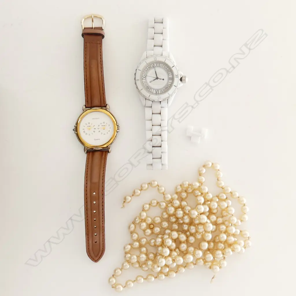 LONG PEARL NECKLACE /SATOIR no clasp + 2 GENT'S DRESS WATCHES 1 BRANDED CHANEL maybe copy? Image 1++