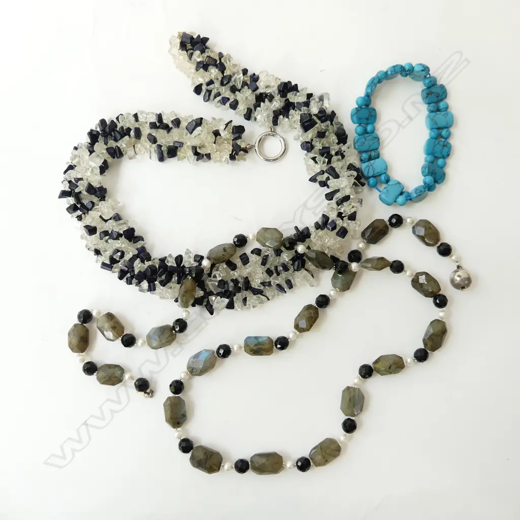 2 GEMSTONE NECKLACES + FAUX TURQUOISE BRACELET Image 1++