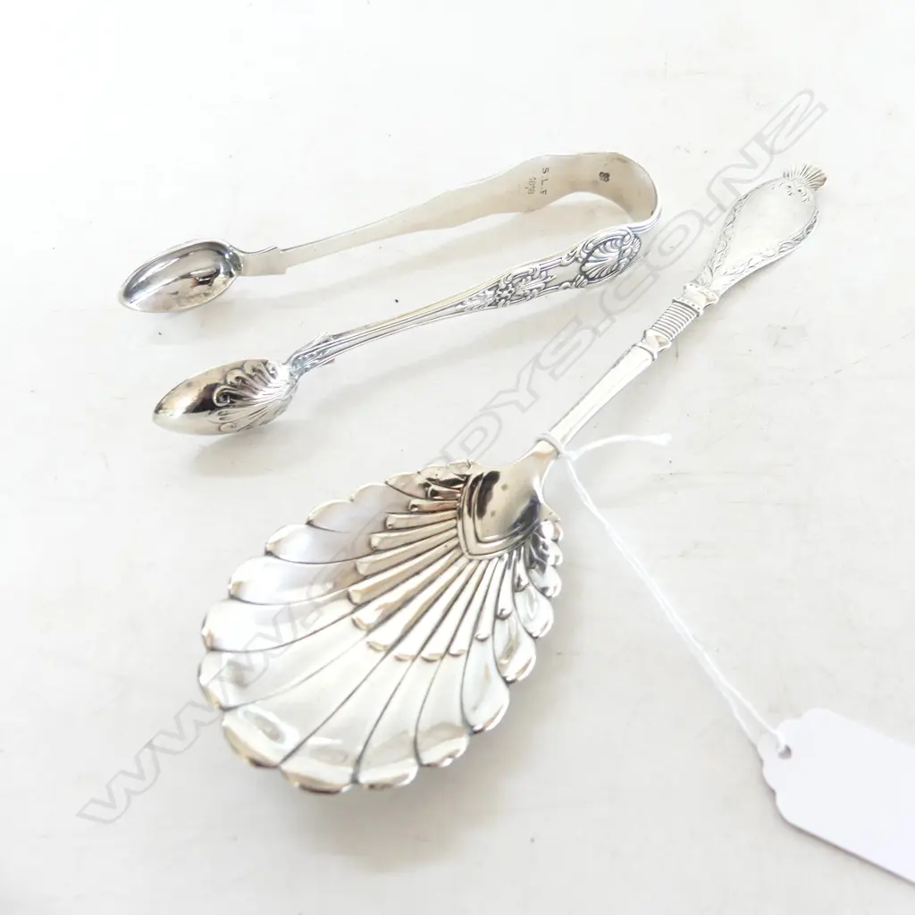 2 PCES STG SILVER; TONGS EXETER 1877, BERRY SPOON 115gm Image 1++