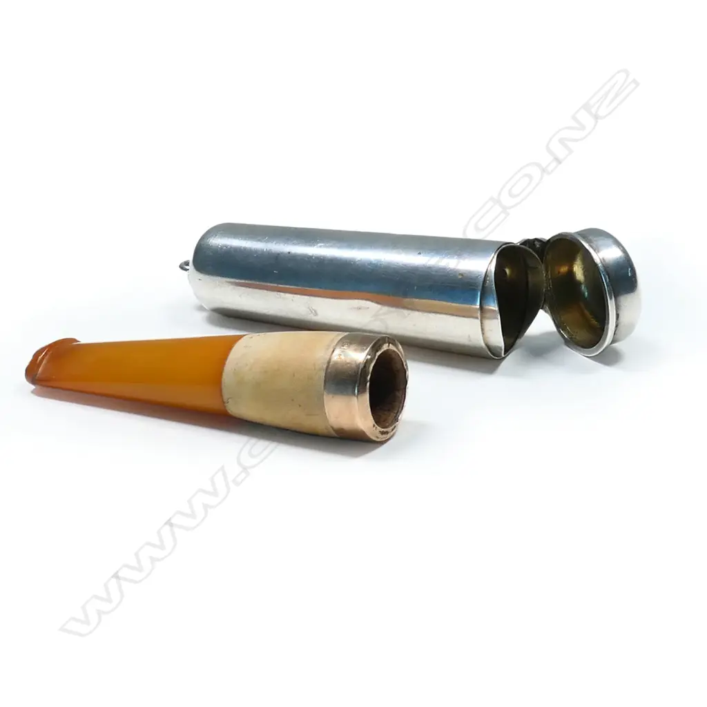 A Victorian amber cigar holder in silver case, Image 1++