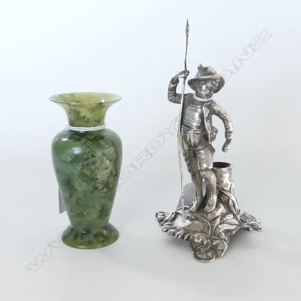 WMF SILVER PLATE BOY VASE HOLDER + GREEN ALABASTER MINI URN H.83mm Image 1++