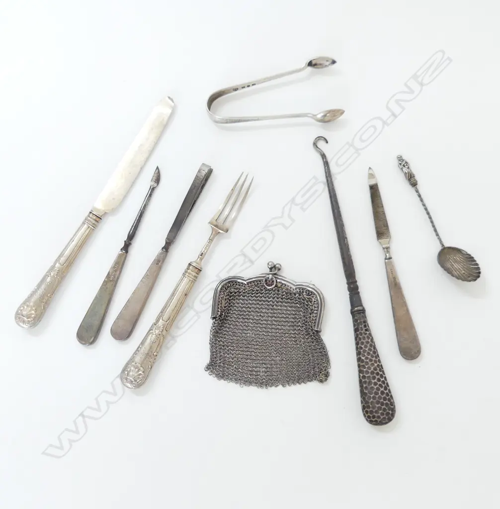 9 OLD SILVER ITEMS: knife fork hook tweezers coin purse vanity items etc Image 1++