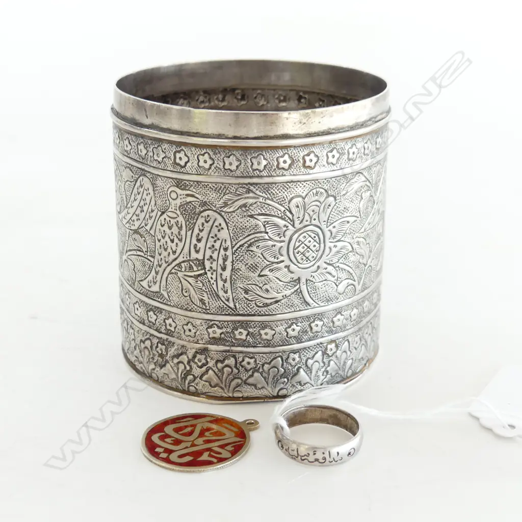 PERSIAN SILVER CANISTER H.75mm 69.5gm, 900 SILVER RING, EARLY 20thC ENAMELED SILVER GILT ARABIC PENDANT 25mm dia Image 1++