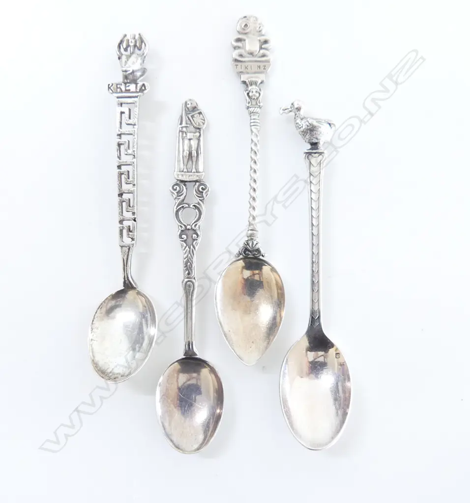 4 FANCY SILVER TEA SPOONS 45gms. Tiki + Dodo + Bremen & kreta Image 1++