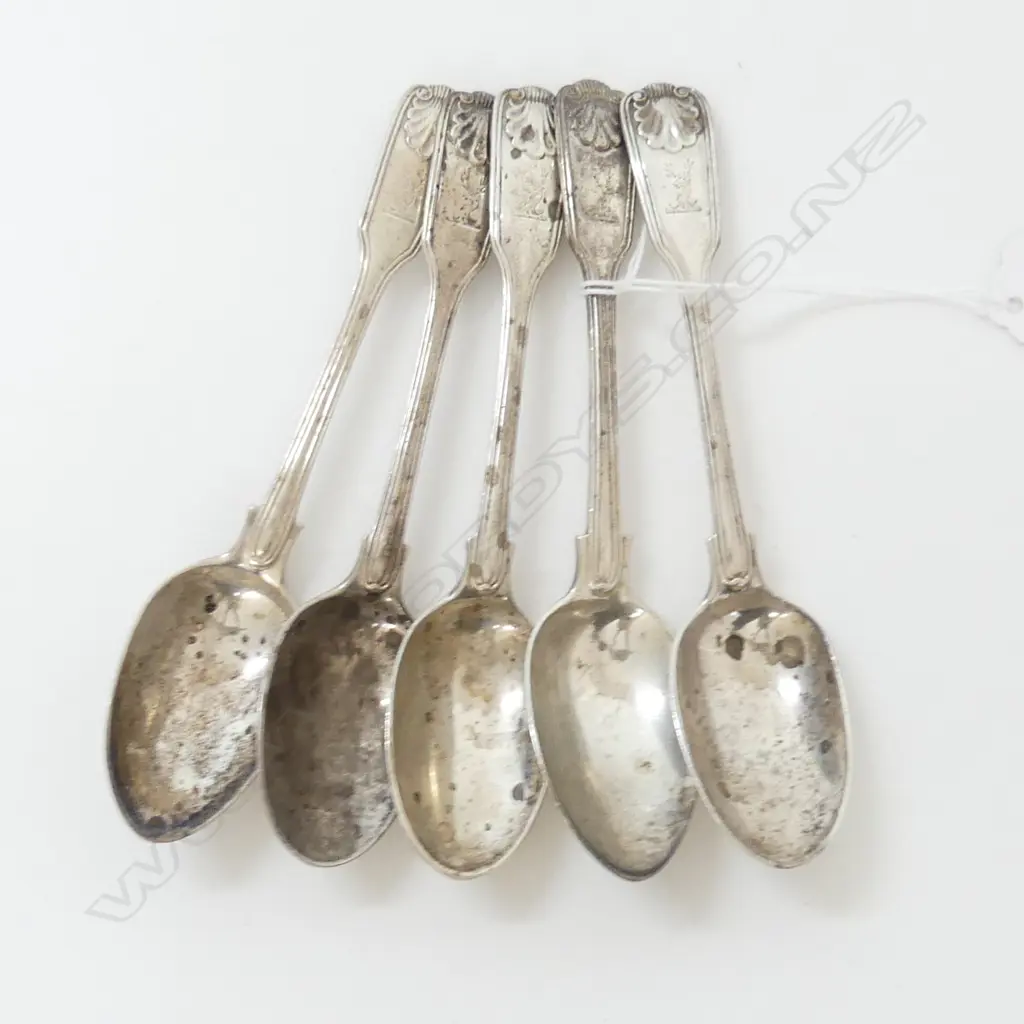 SET 5 VICTORIAN SILVER TEASPOONS London 1853 178gms. fiddle thread & shell Image 1++