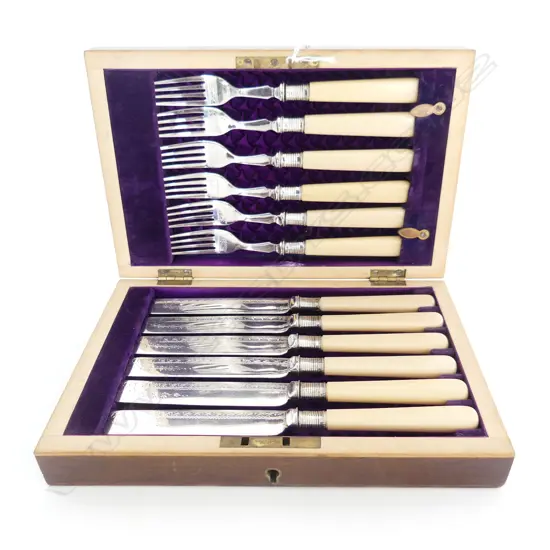ANTIQUE 12PC BONE HANDLE & SILVER PLATED CUTLERY SET IN MAHOGANY BOX, L.240mm
