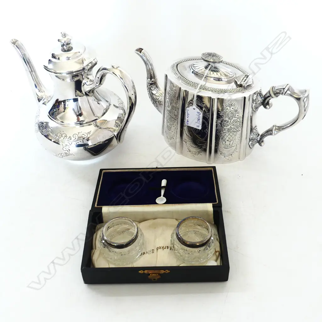 2 SILVER PLATE TEA / COFFEE POTS + BOXED PR SALTS STG RIM Image 1++