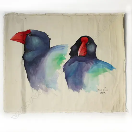 SUKADA, BIRD STUDY, WATERCOLOUR ON CANVAS, SIGNED BALI '97, 520 x 1100mm