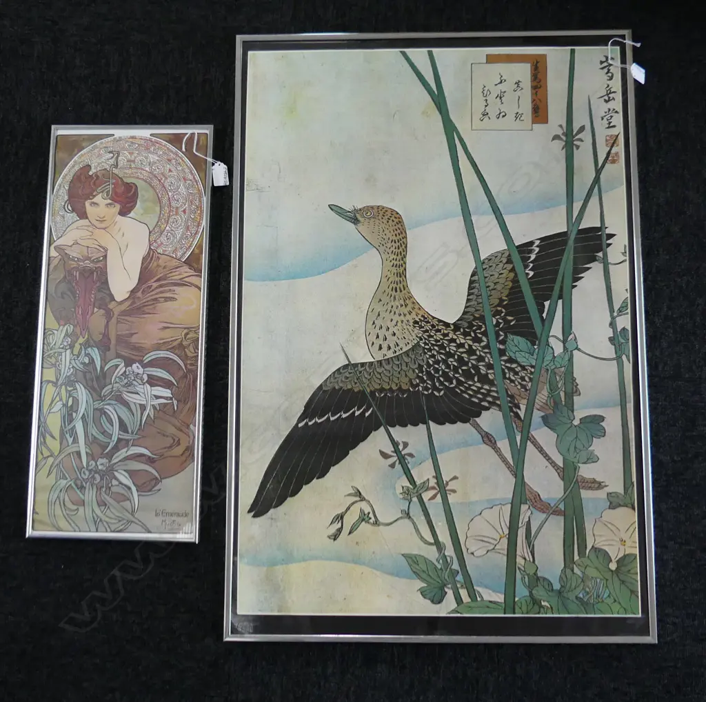 2 ART PRINTS: JAPANESE BIRD IN FLIGHT 900x 600MM + MUCHA LÉMERAUDE 620 x 240mm Image 1++