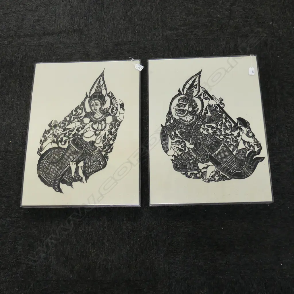 2 PERSPEX FRAMED THAI SILHOUETTE LEATHER CUT-OUTS: stylised dancer + warrior 625 x 465mm Image 1++