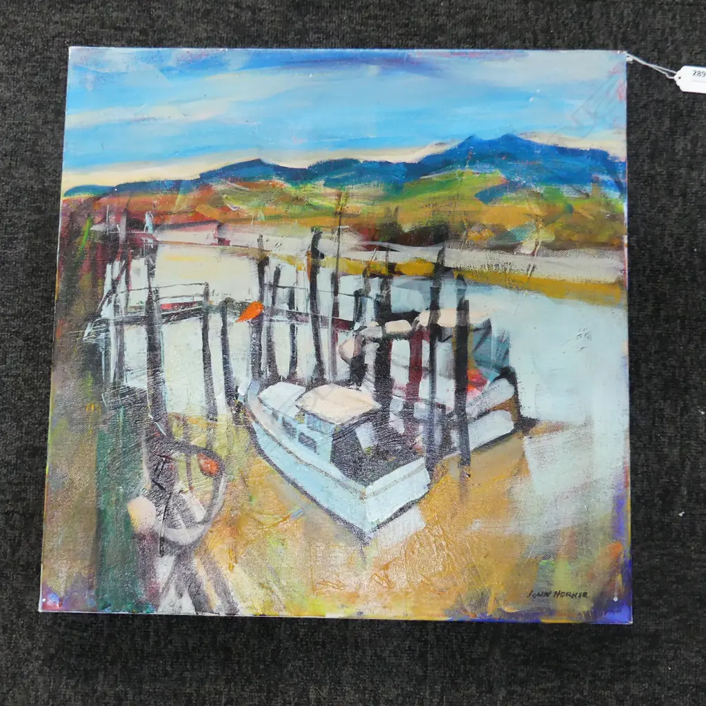 JOHN HORNER 'HELENSVILLE WHARF' OIL ON CANVAS 510x510mm Image 1++