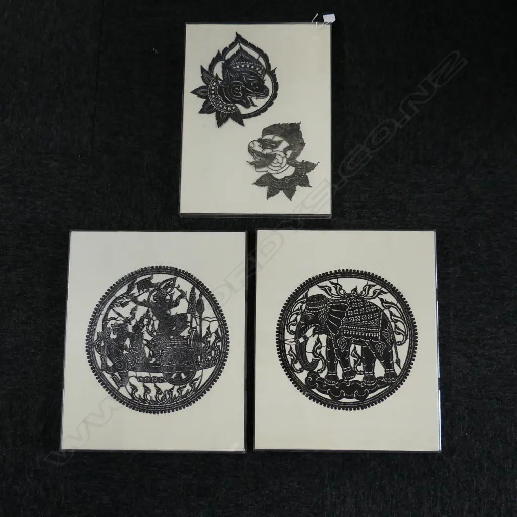 3 PERSPEX FRAMED THAI LEATHER SILHOUETTE CUT-OUTS: 2 heads + elephant + figures & chariot 435 x 360mm ea approx Image 1++