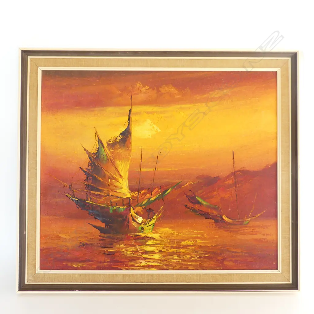 OIL PAINTING ON BOARD BOATS (JUNKS) AT SUNSET 500 x 600mm Image 1++