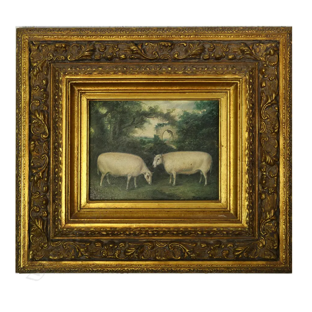 REPRODUCTION GEORGIAN SHEEP ARTWORK ELABORATE GILDED FRAME 220 x 240mm Image 1++