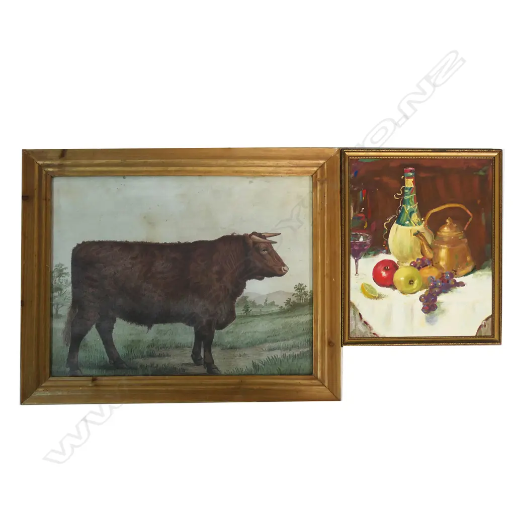 GEORGIAN STYLE COW PRINT & STILL LIFE OIL, 390 x 490mm & 360 x 270mm Image 1++