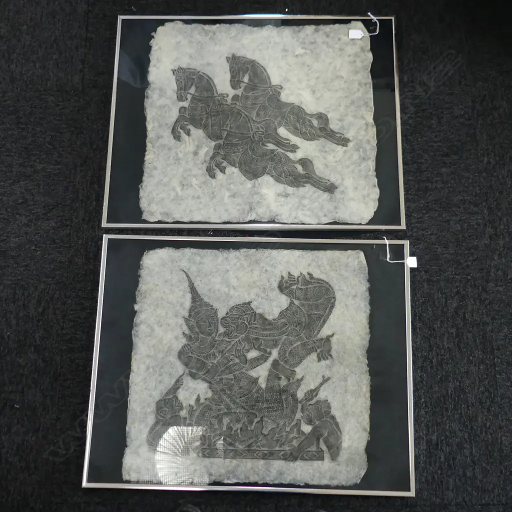2 THAI TRADITIONAL RUBBINGS ON HAND-MADE PAPER: Leaping horses & figure w lion, monkeys & flames. 540 x 530mm approx. Image 1++