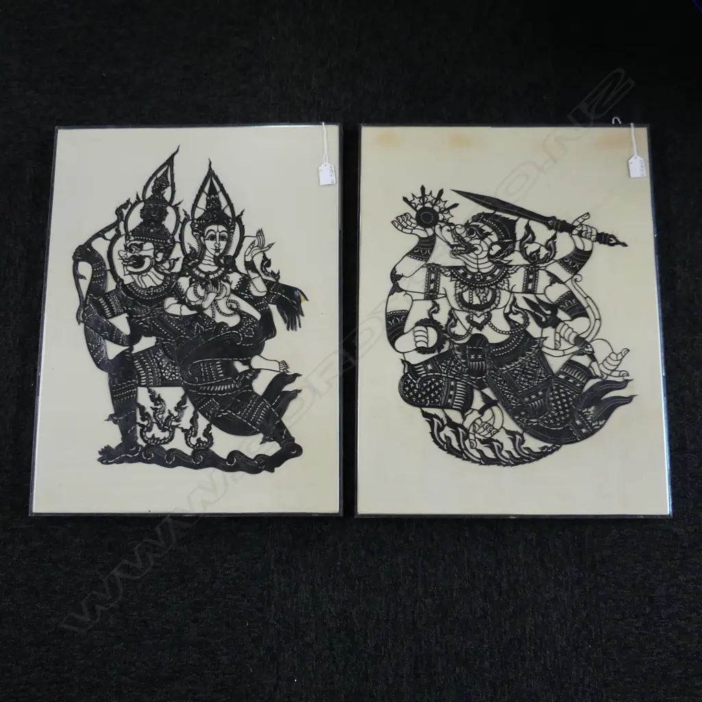 2 PERSPEX FRAMED THAI SILHOUETTE LEATHER CUT-OUTS: stylised traditional flame dancers Image 1++