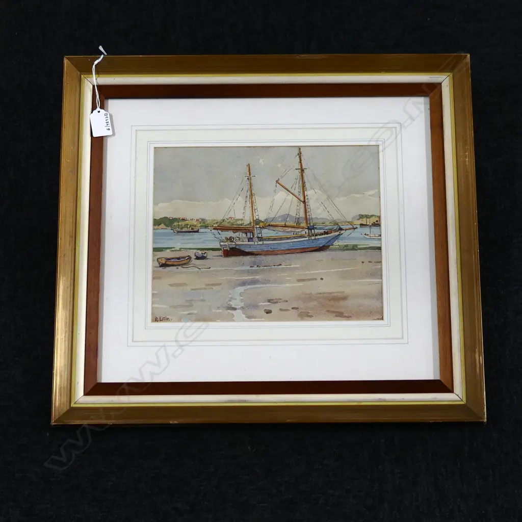 R LITTLE BEACHED SAIL BOAT WATER COLOUR 225 BY 280MM Image 1++