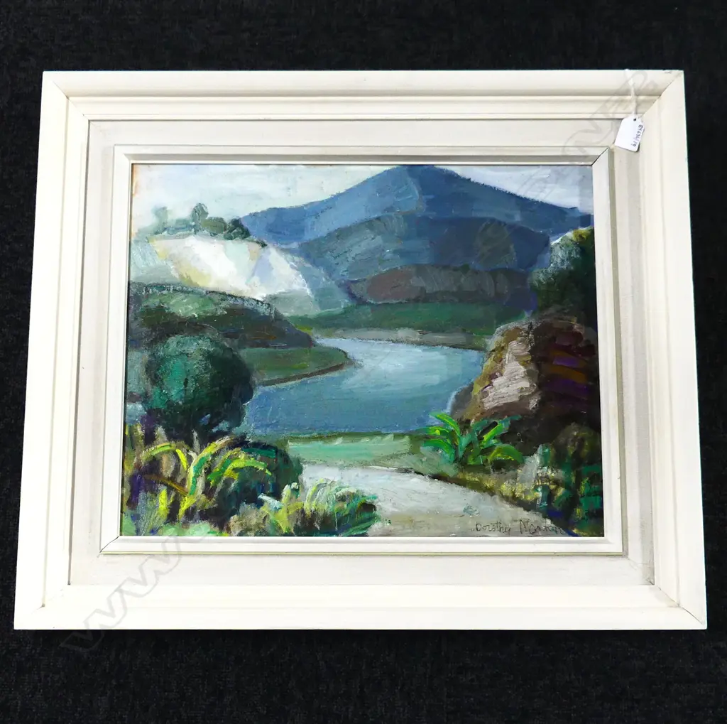 DOROTHY MORTON WIAKATO RIVER NEAR REIDS FARM OIL ON BOARD 385 BY 485MM Image 1++
