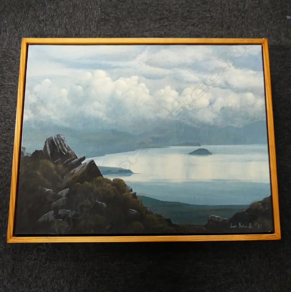 JANET BOTHNER-BY 'TAUPO FROM TAUHARA' OIL ON HESSIAN BOARD '87 700x900mm Image 1++