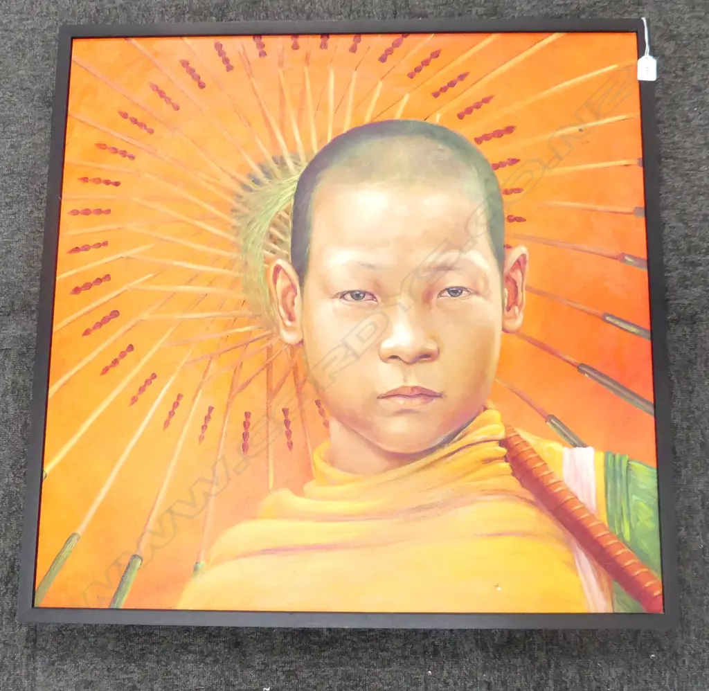 ARTIST UNKNOWN, BUDDHIST MONK w. ORANGE PARASOL, OIL ON BOARD 780x790mm Image 1++