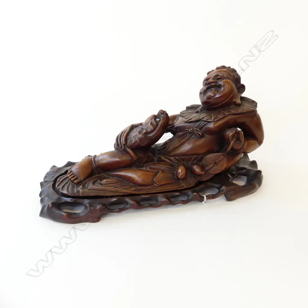 ORIENTAL CARVED WOODEN RECLINING FIGURE ON STAND W.390mm Image 1++