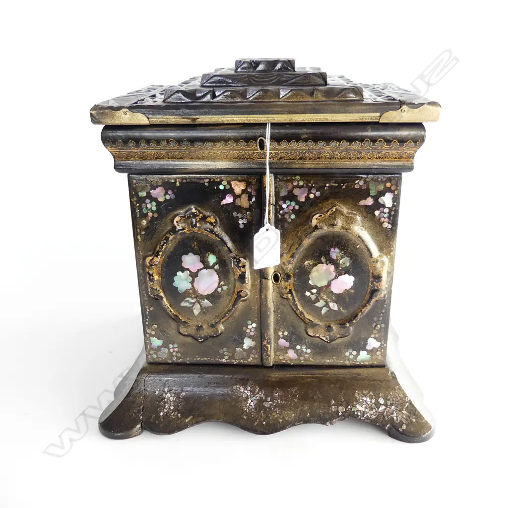 ANTIQUE LAQUER WARE JEWELERY BOX w MOP INLAY, H.300mm some restoration to top Image 1++