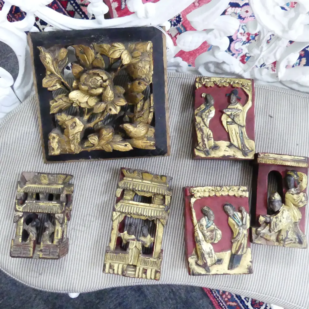 6 ORIENTAL CARVED WOODEN FRIEZES, 3 GOLD & RED, 2 GOLD & BLK 1 SQUARE FLORAL w BIRDS MID CENTURY, (bought to NZ 1950/60) Image 1++