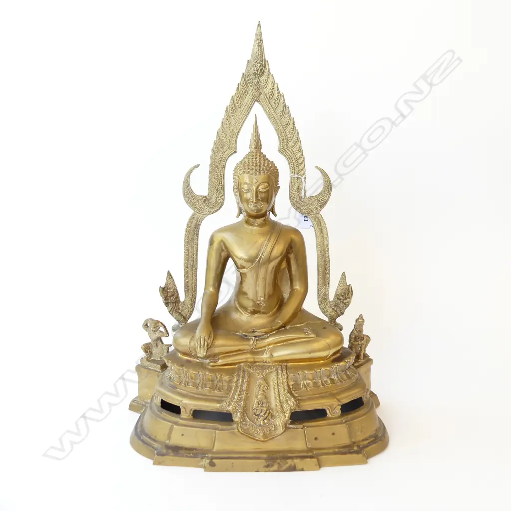 BRASS SEATED BUDDHA with removeable flaming back halo panel H.500mm Image 1++