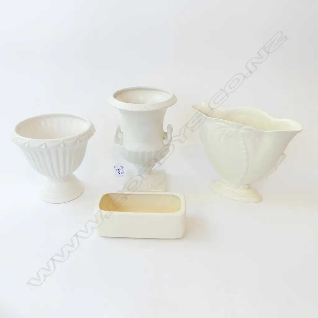 4 WHITE CERAMIC VASES; SHORTER & SONS URN H.230mm, BESWICK PALM, CROWN LYNN TROUGH W.180mm all w. slight faults Image 1++