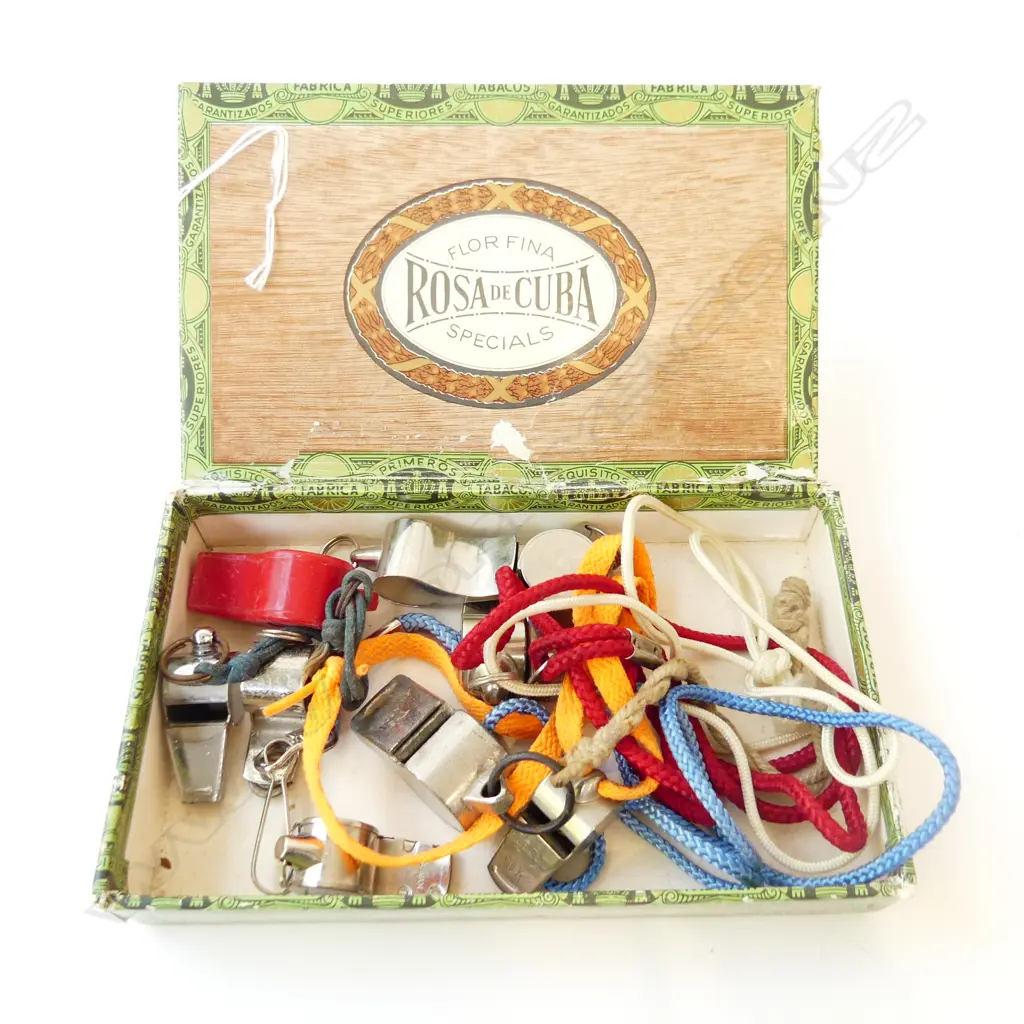 CIGAR BOX w. 9 ASST. WHISTLES  Image 1++