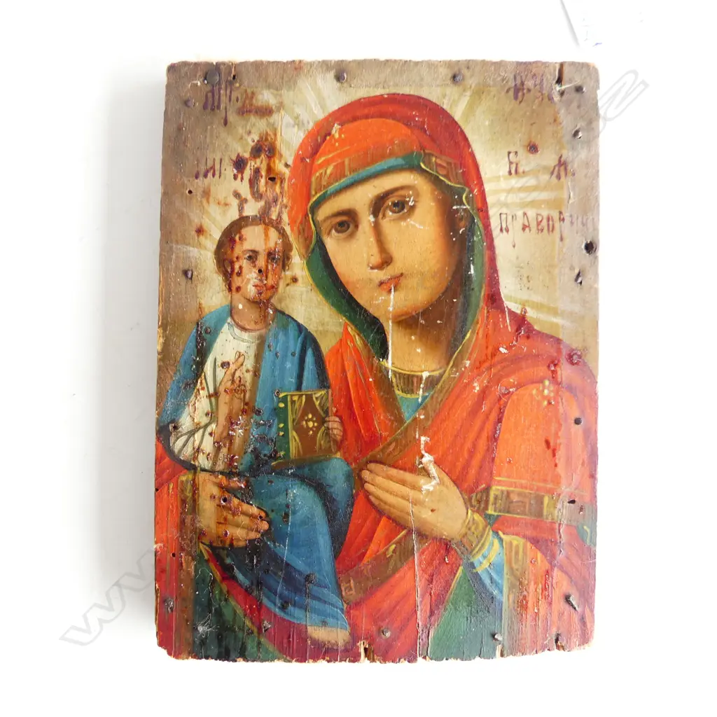 19thC RUSSIAN ORTHODOX ICON, RIGHT HANDED MOTHER OF GOD, OIL ON WOOD, 180x135mm w. certificate Image 1++