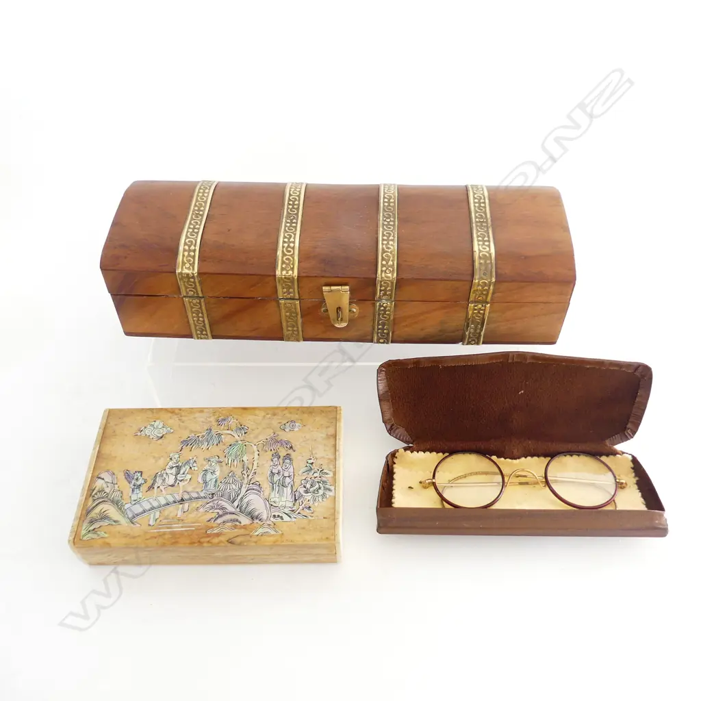 CHINESE ABALONE INLAID STONE BOX + BRASS bound WOOD JEWEL BOX + OLD SPECTACLES John Lennon style Image 1++