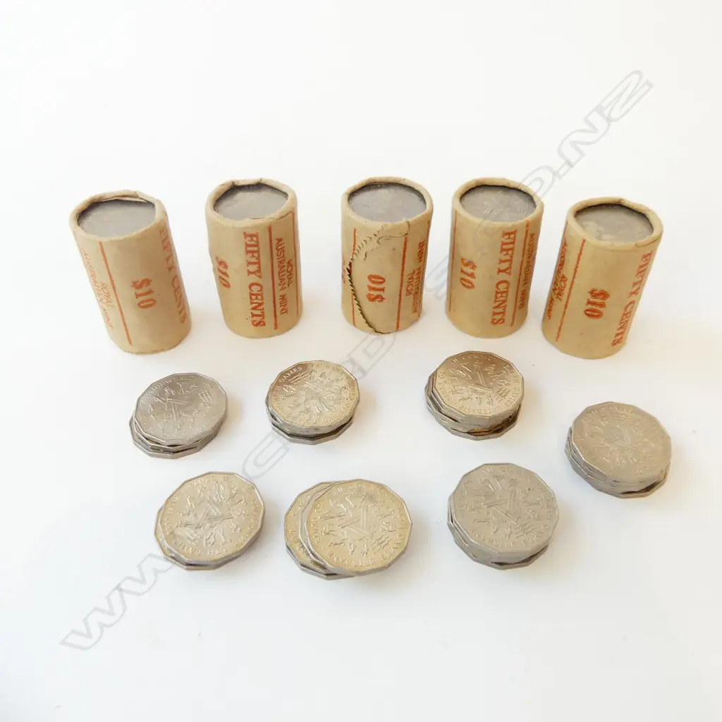 50CENTS AUSSIE COMM GAMES 12 SIDED 1982 COMMEMRATIVE  100 IN 10 DOLLAR ROLLS TOTAL164 Image 1++