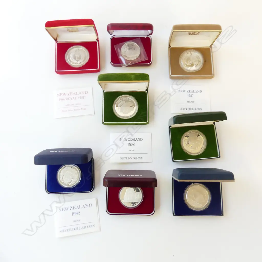 6 NZ PROOF SILVER DOLLARS 81 82 83 84 86 88  1933TO88 ANNIVERSARY  & 74 COMM GAMES Image 1++