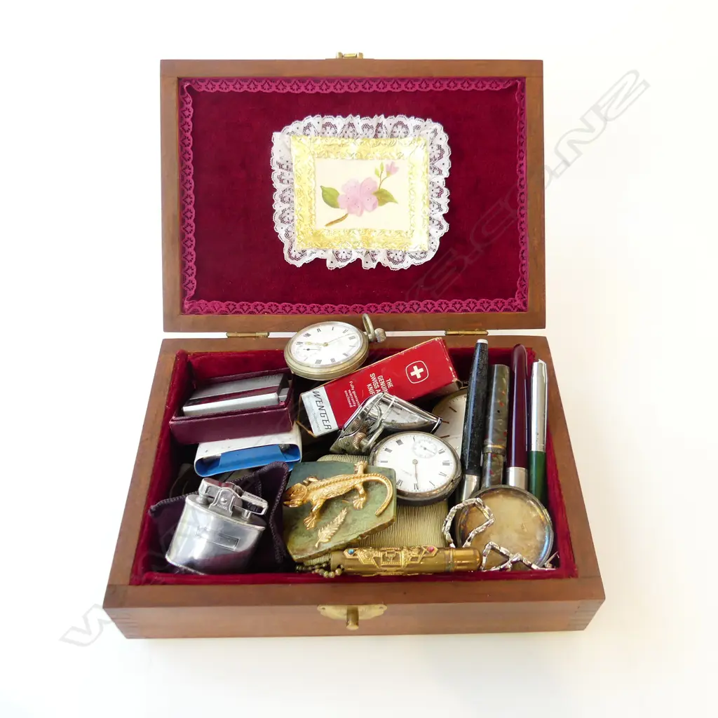 WOODEN JEWELLERY BOX W.240mm + ASST. CONTENTS INCL. 2 POCKETWATCHES 1 STG Image 1++